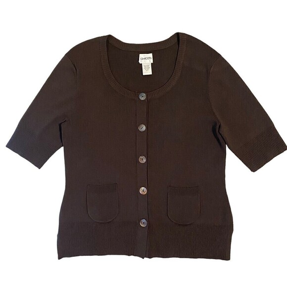 Chicos Women’s Size 1 Medium Brown Cardigan Button Short Sleeve Stretch Sweater - Picture 1 of 7